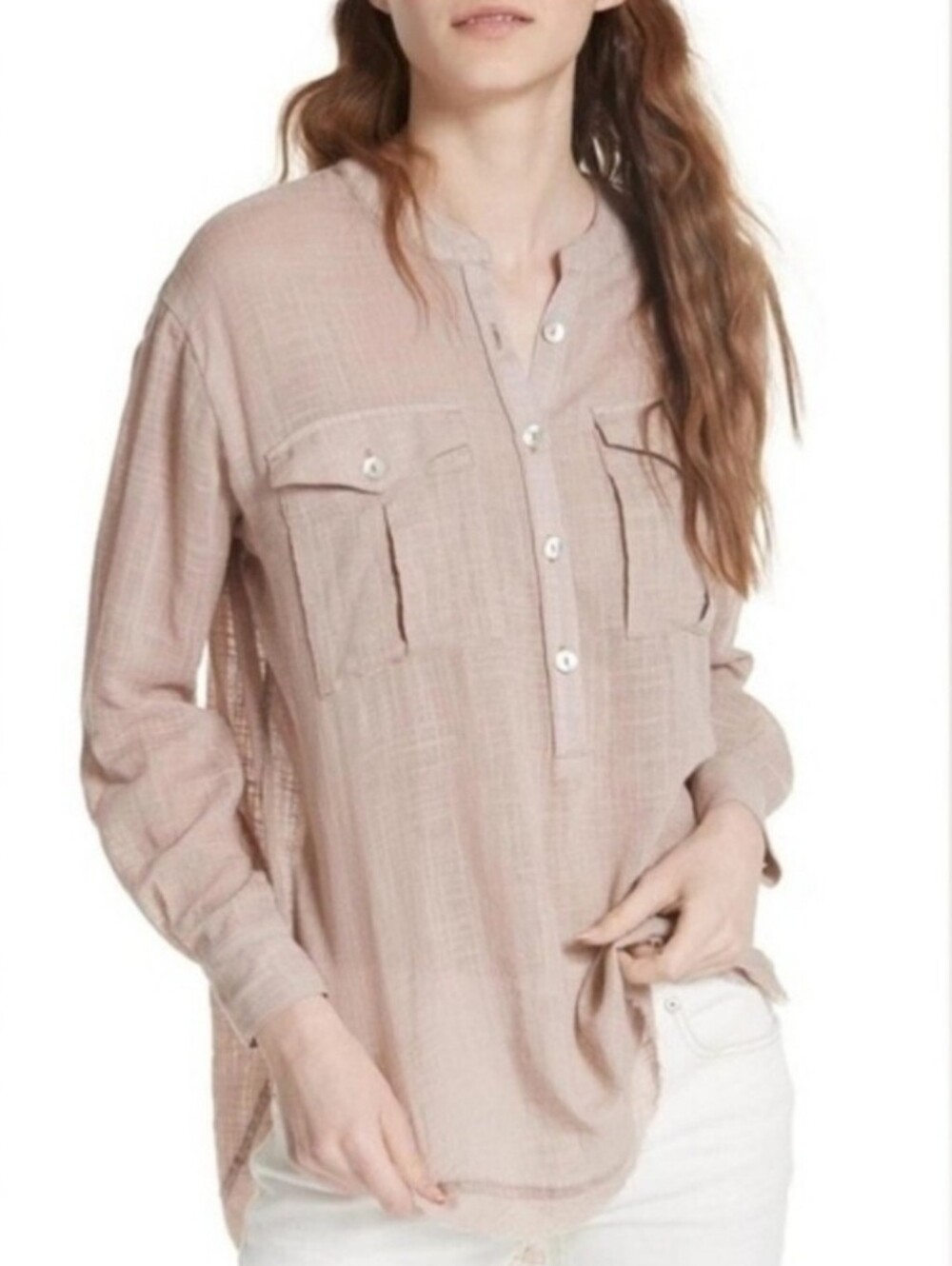 Free People Talk To Me Cotton Blend Gauzy Long Sleeve Distressed Buttondown Sz M